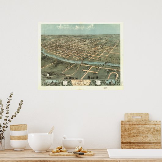 Iowa Stadt Iowa 1868 Antike Panoramabalkarte Poster (Küche)