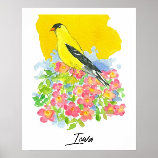 Iowa State Shape Goldfinch Pink Wild Roses Poster (Vorne)