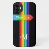 iPhone 11 Hülle | Regenbogen Streifen mit Monogram (Rückseite)
