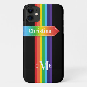 iPhone 11 Hülle   Regenbogen Streifen mit Monogram