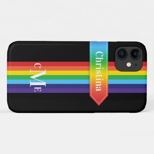 iPhone 11 Hülle | Regenbogen Streifen mit Monogram (Rückseite (Horizontal))