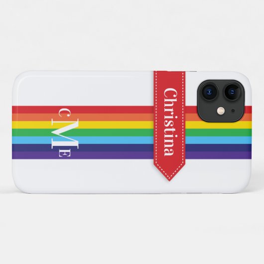 iPhone 11 Hülle | Regenbogen Streifen mit Monogram (Rückseite (Horizontal))