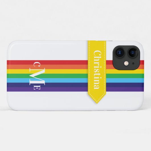 iPhone 11 Hülle | Regenbogen Streifen mit Monogram (Rückseite (Horizontal))