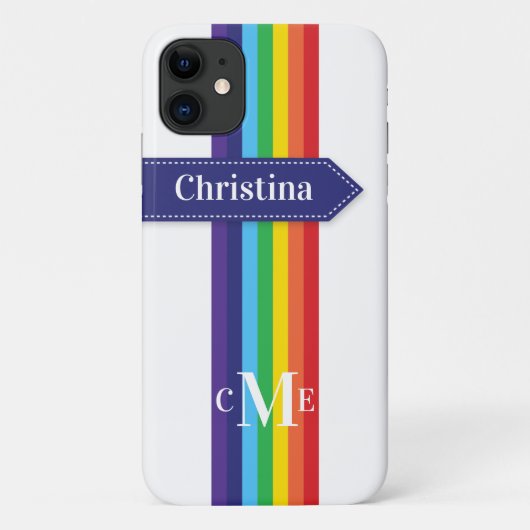 iPhone 11 Hülle | Regenbogen Streifen mit Monogram (Rückseite)
