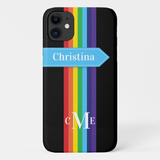 iPhone 11 Hülle | Regenbogen Streifen mit Monogram (Rückseite)