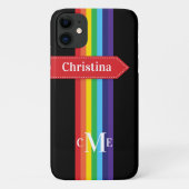 iPhone 11 Hülle | Regenbogen Streifen mit Monogram (Rückseite)