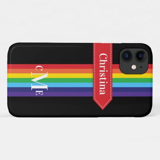 iPhone 11 Hülle | Regenbogen Streifen mit Monogram (Rückseite (Horizontal))