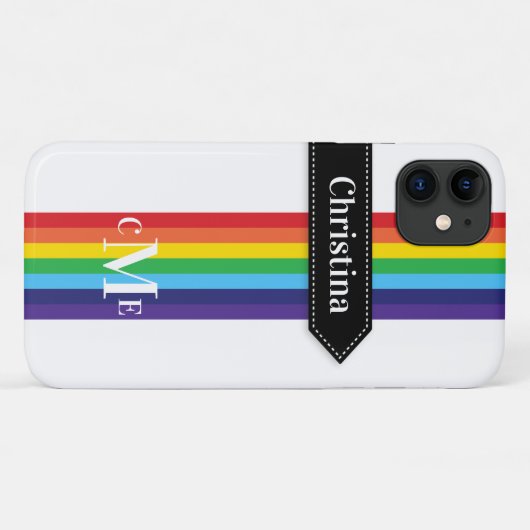iPhone 11 Hülle | Regenbogen Streifen mit Monogram (Rückseite (Horizontal))