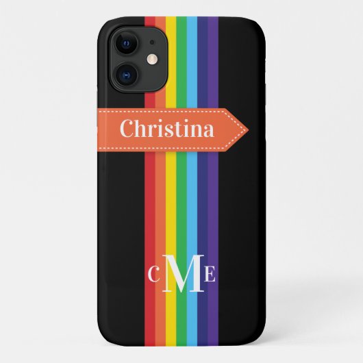 iPhone 11 Hülle | Regenbogen Streifen mit Monogram (Rückseite)