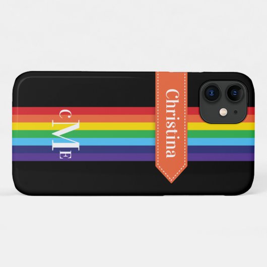 iPhone 11 Hülle | Regenbogen Streifen mit Monogram (Rückseite (Horizontal))