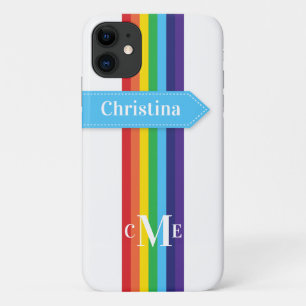 iPhone 11 Hülle   Regenbogen Streifen mit Monogram