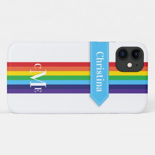 iPhone 11 Hülle | Regenbogen Streifen mit Monogram (Rückseite (Horizontal))