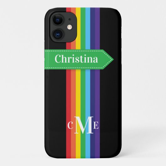 iPhone 11 Hülle | Regenbogen Streifen mit Monogram (Rückseite)