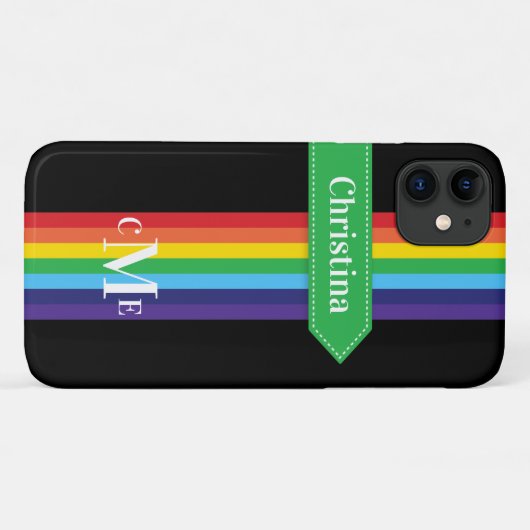 iPhone 11 Hülle | Regenbogen Streifen mit Monogram (Rückseite (Horizontal))