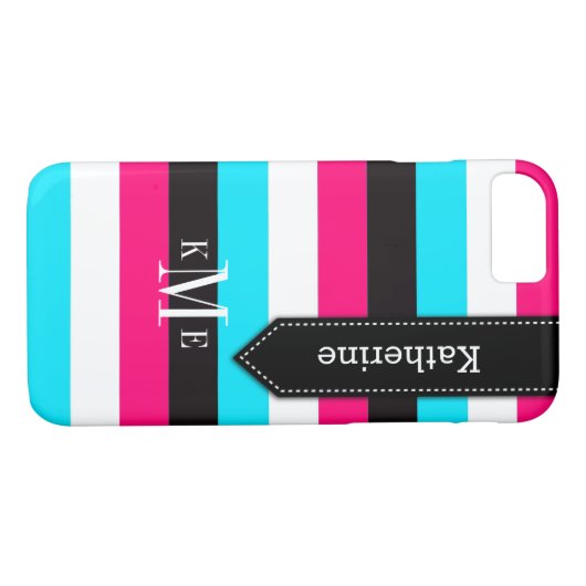 iPhone 7 Hülle | Streifen | Blau, Rosa, Schwarz (Rückseite (Horizontal))