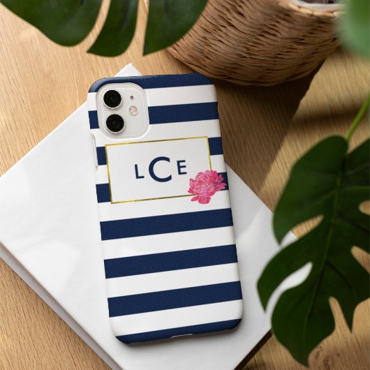 iPhone Case für Navy Stripe & Pink Peony Monogram