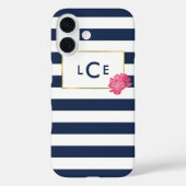 iPhone Case für Navy Stripe & Pink Peony Monogram (Rückseite)