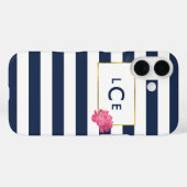 iPhone Case für Navy Stripe & Pink Peony Monogram (Rückseite (Horizontal))