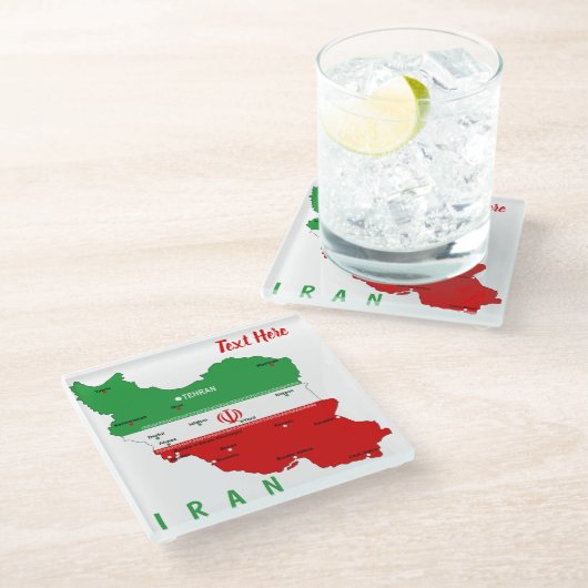 Iran Karte mit Flagge und Emblem Glasuntersetzer (Schrägansicht)