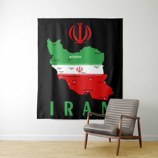 Iran Karte mit Flagge und Emblem Wandteppich (Beispiel)