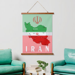 Iran Karte mit Flagge und Emblem Wandteppich Mit Holzrahmen