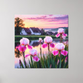 Ire blühen an einem ruhigen See bei Sunset Leinwanddruck (Vorderseite)
