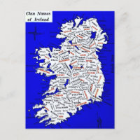 Ireland Clan Names Vintag Map Postcard