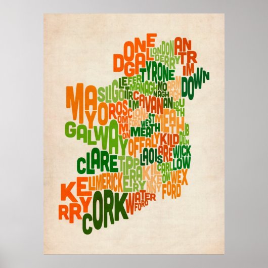 Ireland Eire Landkreis Text Karte Poster (Vorne)