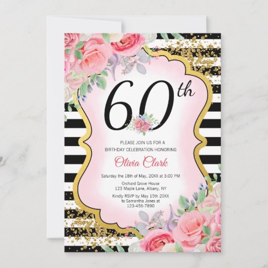 Irgendein Alters-Rosa und Gold mit Blumen und Einladung (Vorderseite)