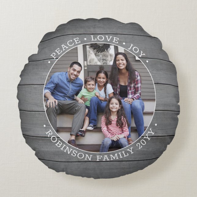 Irgendein Text 2 Foto Rustikal Grau Modernes Bauer Rundes Kissen (Vorderseite)