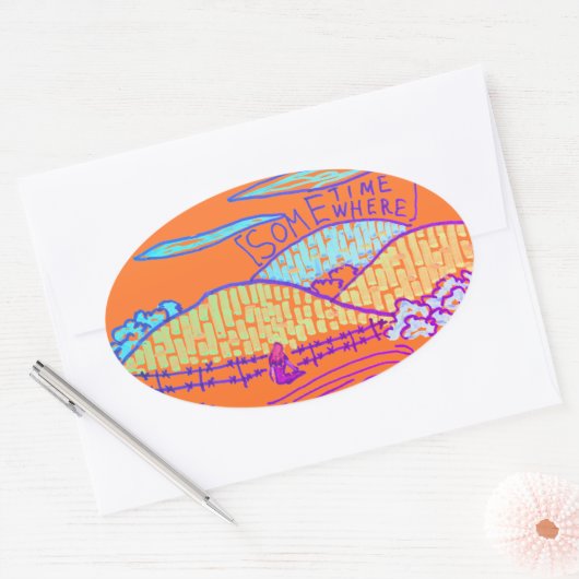 Irgendwo / Irgendwann doodle auf Orange Ovaler Aufkleber (Umschlag)