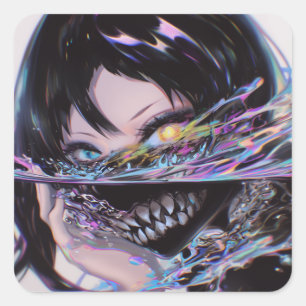 Iridescent Anime Horror: Liquid Smile Monster Quadratischer Aufkleber