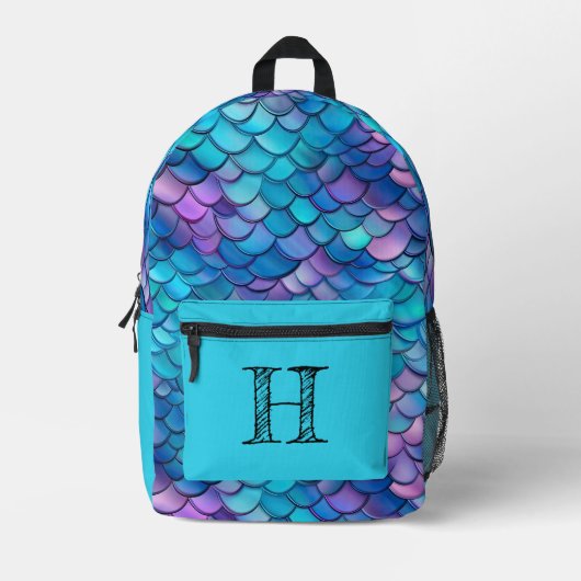 Iridescent Aqua Mermaid Monogram Bedruckter Rucksack (Vorderseite)