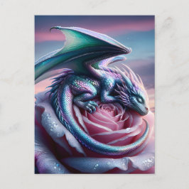 Iridescent Baby Dragon Asleep auf Pink Rose Postkarte