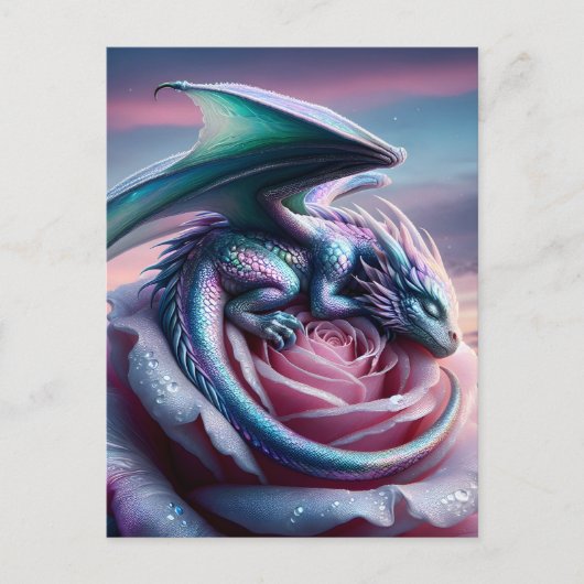 Iridescent Baby Dragon Asleep auf Pink Rose Postkarte (Vorderseite)