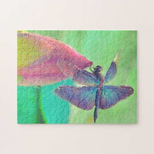 Iridescent Blue Dragonfly auf rosa Wasserlilie Puzzle (Horizontal)