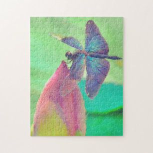 Iridescent Blue Dragonfly auf rosa Wasserlilie Puzzle