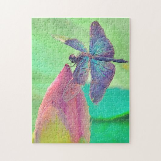 Iridescent Blue Dragonfly auf rosa Wasserlilie Puzzle (Vertikal)