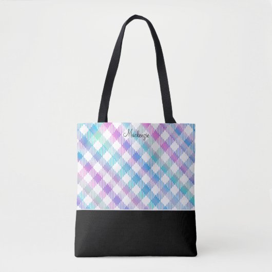 Iridescent Blue Gingham Pattern mit Monogramm Tasche (Vorderseite)