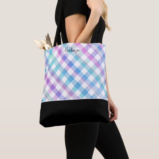 Iridescent Blue Gingham Pattern mit Monogramm Tasche (Von Nahem)