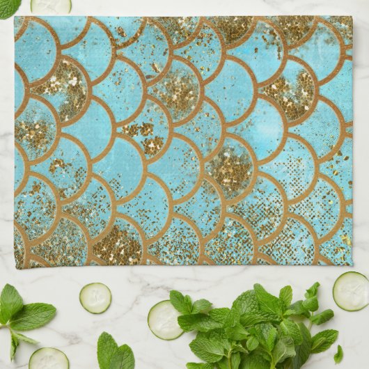 Iridescent Blue Gold Glitzer Meerjungfrau Fischska Geschirrtuch (Gefaltet)
