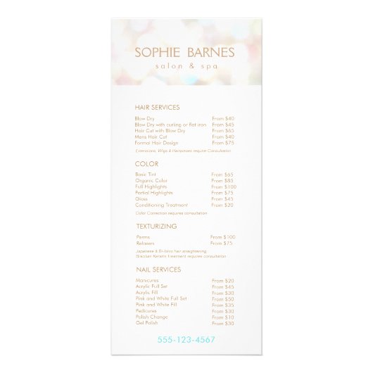 Iridescent Bokek Salon Price List Service Menu Werbekarte (Vorne)