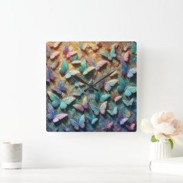 Iridescent Butterfly Garden Mousepad Quadratische Wanduhr