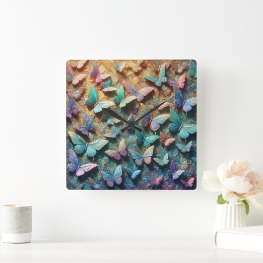 Iridescent Butterfly Garden Mousepad Quadratische Wanduhr (Zuhause)