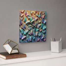 Iridescent Butterfly Garden Mousepad Quadratische Wanduhr