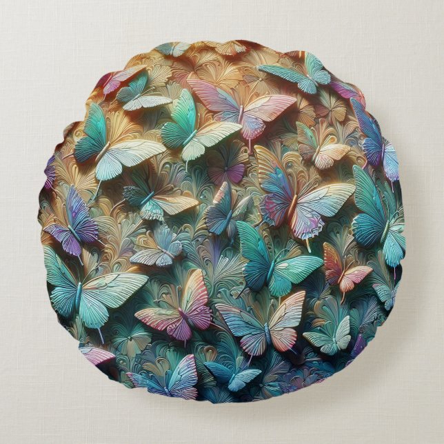Iridescent Butterfly Garden Rundes Kissen (Vorderseite)