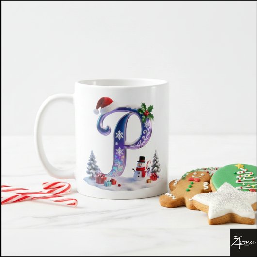 Iridescent Christmas Letter P with Snowman Kaffeetasse