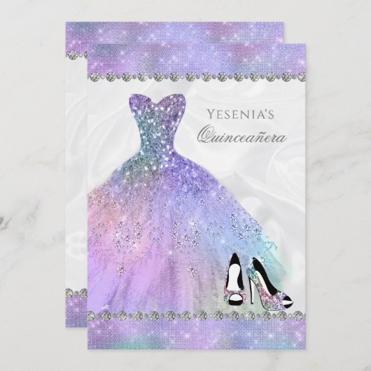 Iridescent Diamond Sparkle Glam Quinceañera Einladung (Vorne/Hinten)