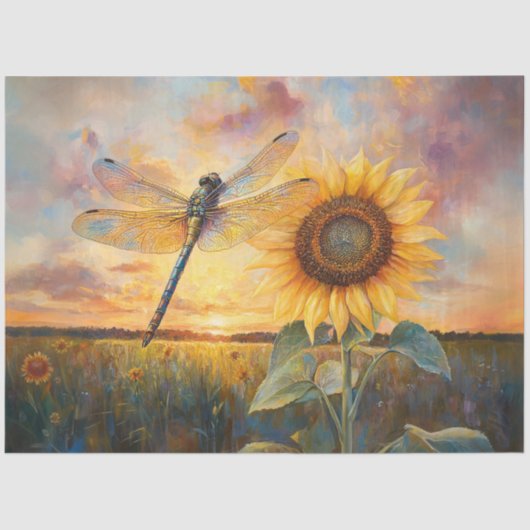 Iridescent Dragonfly Rustikale Sonnenblume Dekoupa Seidenpapier (Vorderseite)
