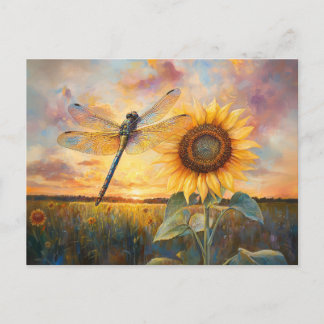 Iridescent Dragonfly Rustikale Sonnenblume Postkarte